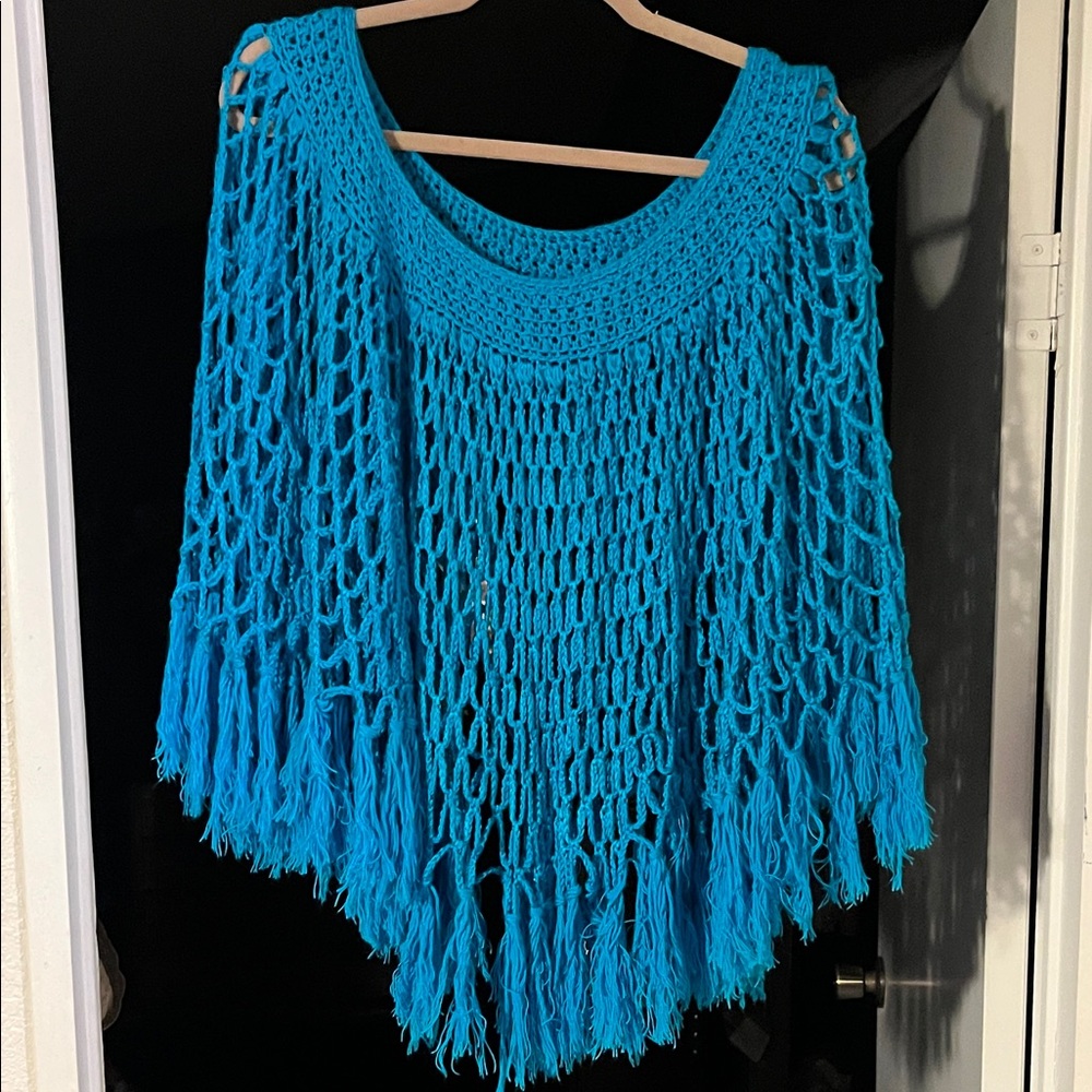 Elegant Blue Crochet Poncho